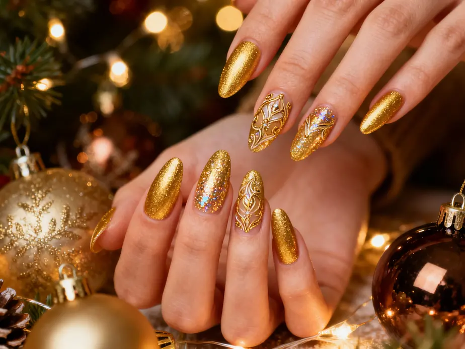Elegant gold almond nails with festive decorations
