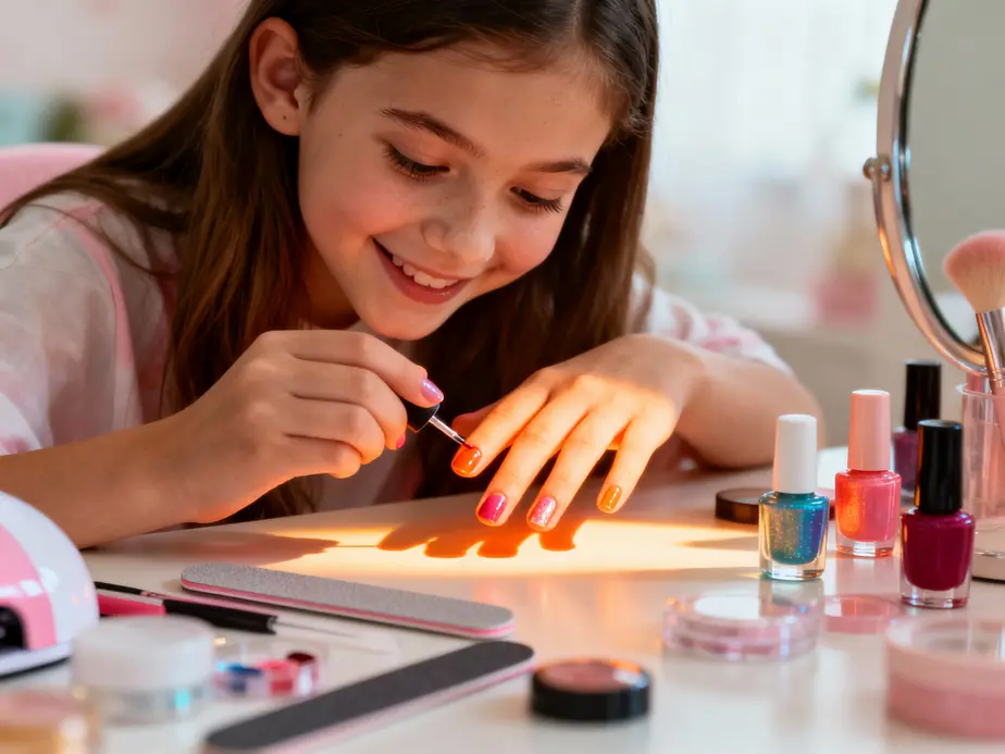 A teenager applying nail polish, emphasizing beauty and self-care.